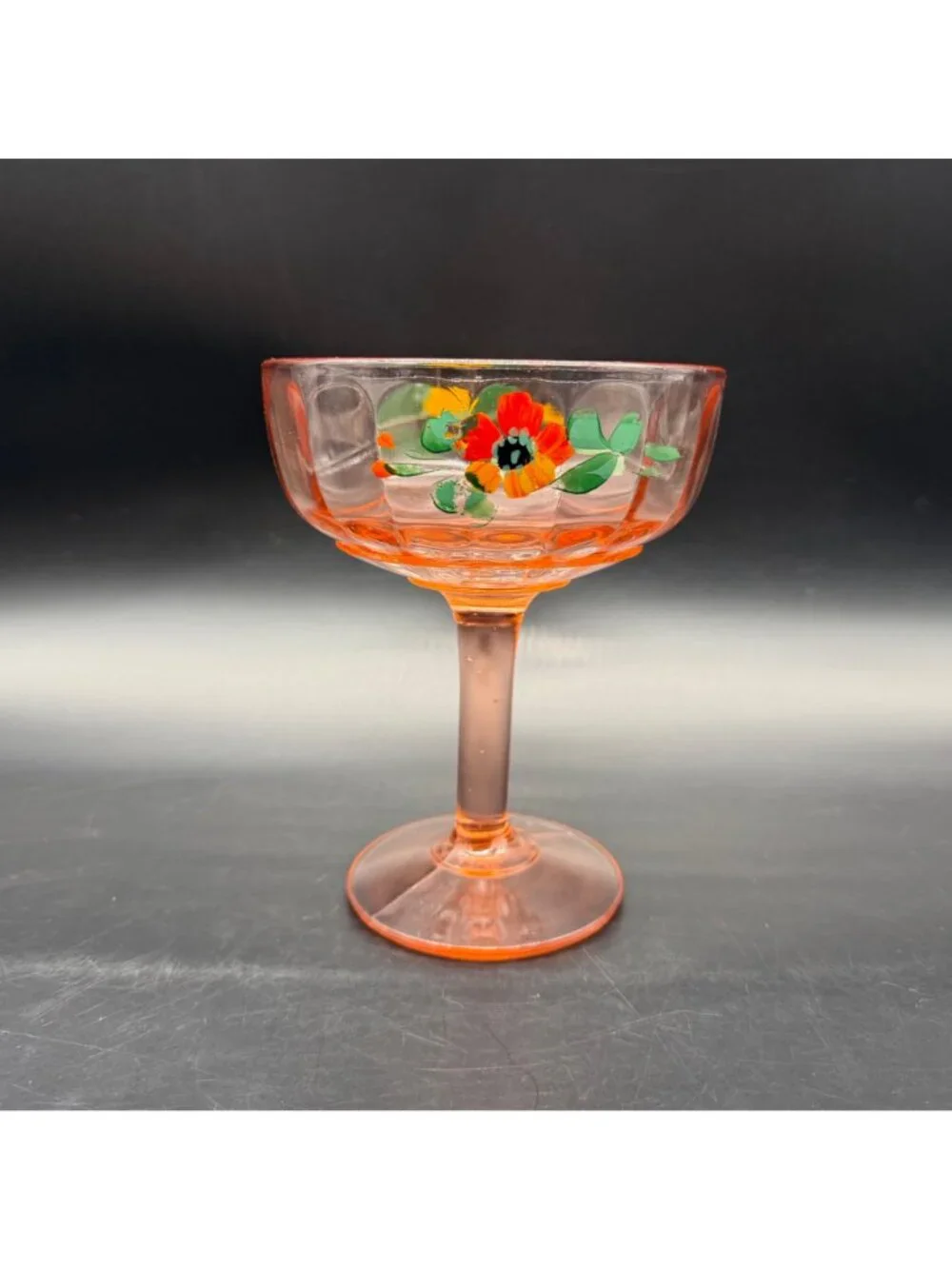 Vintage Pink Depression Glass Compote Hand Painted Floral Bowl Dish Centerpiece